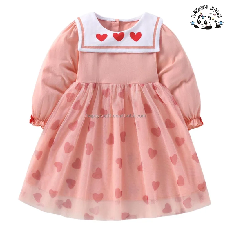LEZONKIDS - Customizable Long Sleeve Heart Custom Patterns Tulle Dress Girls Cotton Dress Girls Kids